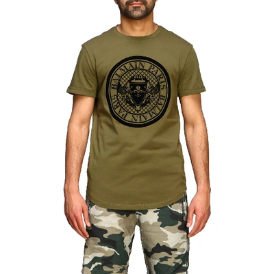Shop Balmain Short-sleeved T-shirt With Flocked Crest In Military