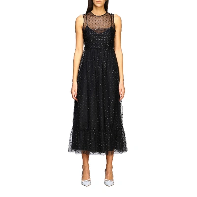 Shop Red Valentino Dress Long  Dress In Tulle With Glitter Polka Dots In Black