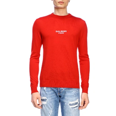 Shop Balmain Crew-neck Sweater With Logo In Red