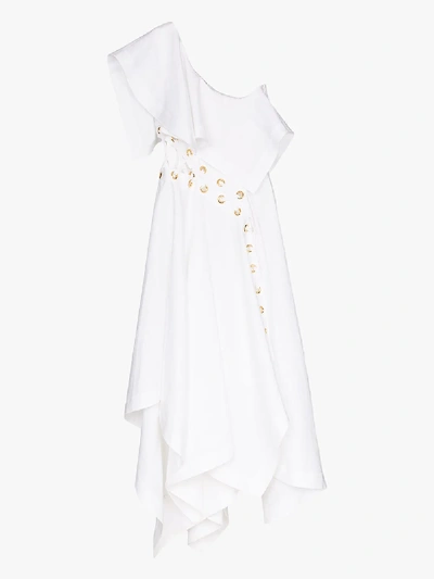 Shop Alexander Mcqueen Asymmetric Eyelet Detail Midi Dress In White