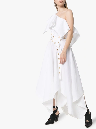 Shop Alexander Mcqueen Asymmetric Eyelet Detail Midi Dress In White
