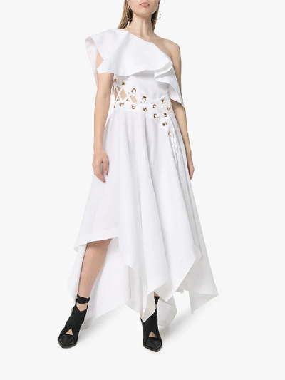 Shop Alexander Mcqueen Asymmetric Eyelet Detail Midi Dress In White