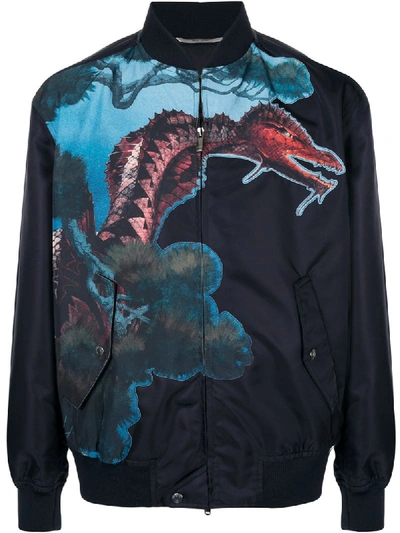 Shop Valentino Dragon Print Bomber Jacket In Blue