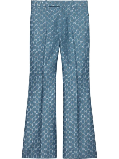 Shop Gucci Gg Lamé Flare Trousers In Blue