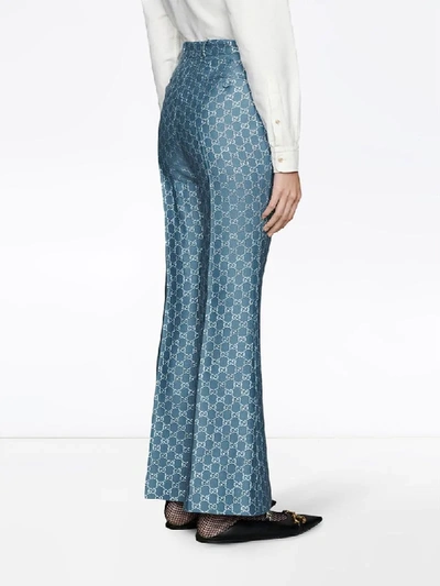 Shop Gucci Gg Lamé Flare Trousers In Blue