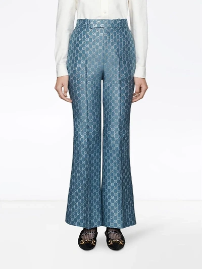 Shop Gucci Gg Lamé Flare Trousers In Blue