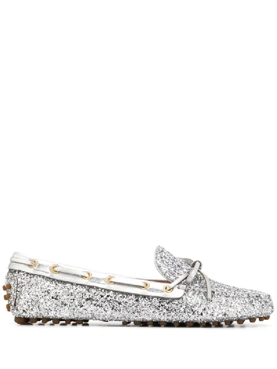 Shop Car Shoe Glitter Embellished Loafers In Silver