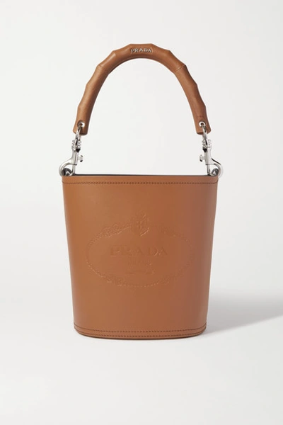 Shop Prada Embossed Leather Bucket Bag In Brown
