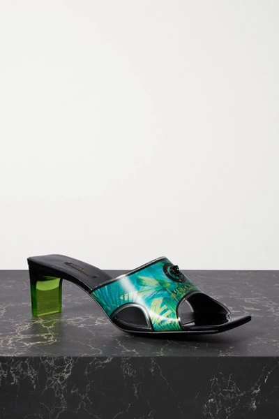 Shop Versace Logo-embellished Holographic Printed Pvc Mules In Blue