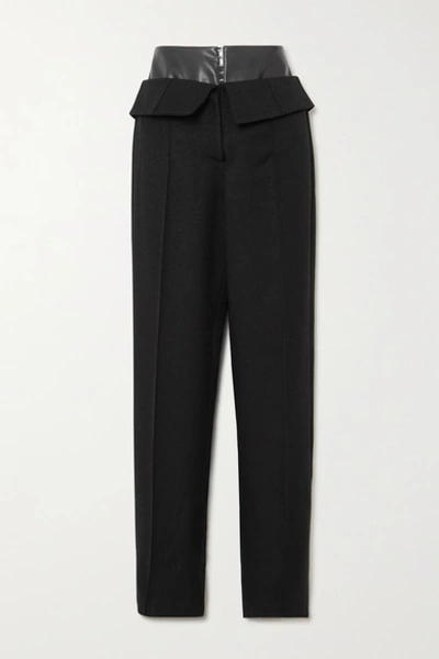 Shop Aleksandre Akhalkatsishvili Fold-over Faux Leather-trimmed Cotton-twill Wide-leg Pants In Black