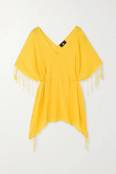 Shop Su Paris Kya Fringed Striped Cotton-gauze Kaftan In Yellow