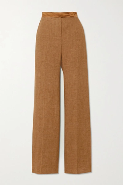 Shop Max Mara Salubre Leather And Satin-trimmed Linen Wide-leg Pants In Camel
