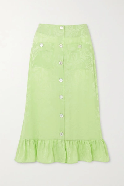 Shop Art Dealer Zoe Ruffled Satin-jacquard Midi Skirt In Green