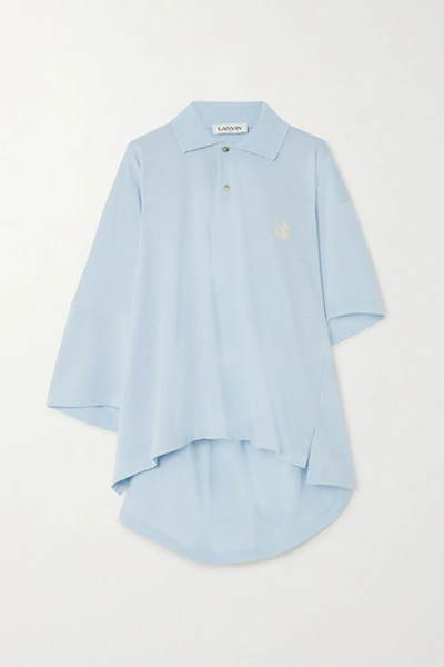 Shop Lanvin Oversized Asymmetric Embroidered Cotton-piqué Polo Shirt In Blue