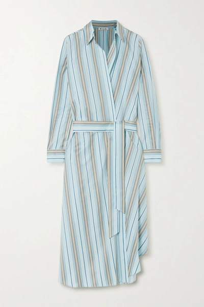 Shop Loro Piana Belted Striped Cotton-poplin Wrap Dress In Light Blue