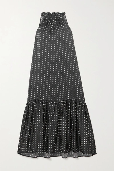 Shop Asceno Net Sustain Ibiza Tiered Printed Silk-satin Halterneck Maxi Dress In Black