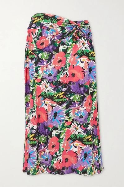 Shop Art Dealer Olivia Gathered Floral-print Silk-blend Midi Skirt In Purple