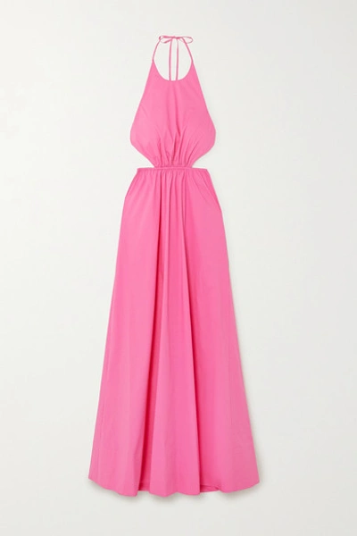 Shop Staud Apfel Cutout Cotton-blend Poplin Halterneck Maxi Dress In Bright Pink