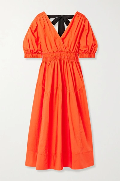 Shop Self-portrait Shirred Cotton-poplin Midi Dress In Bright Orange