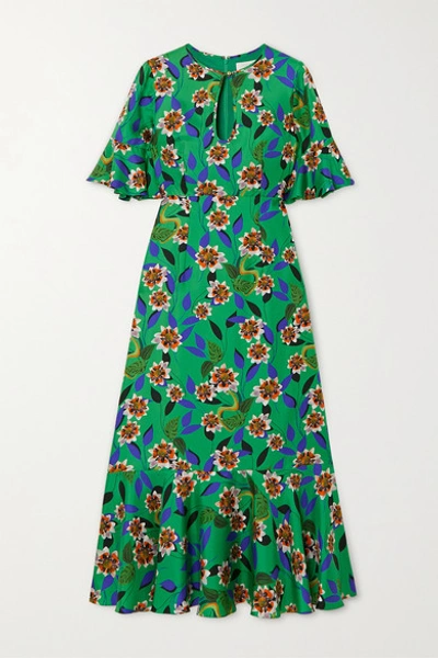 Shop Borgo De Nor Vivian Ruffled Floral-print Silk-twill Midi Dress In Green