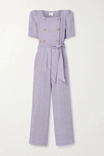 Shop Lisa Marie Fernandez Diana Belted Double-breasted Organic Linen-blend Gauze Jumpsuit In Lavender