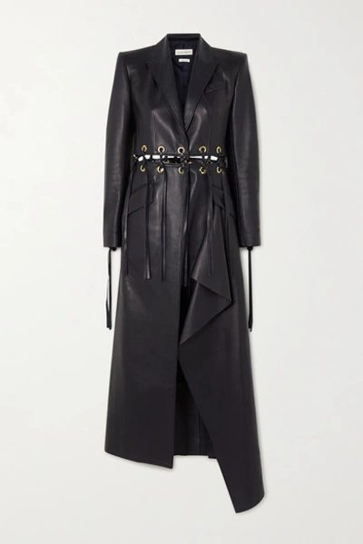 Shop Alexander Mcqueen Fringed Eyelet-embellished Leather Coat In Navy