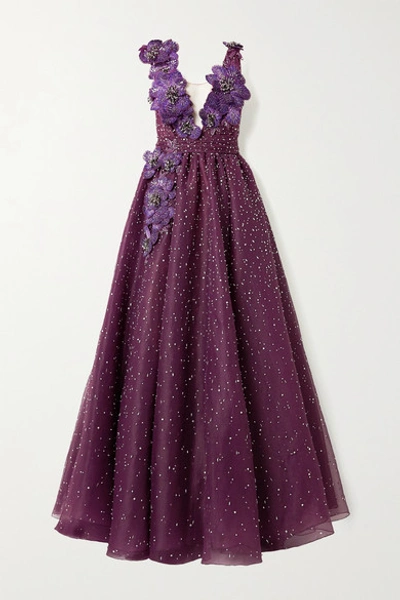 Shop Marchesa Appliquéd Embellished Crinkled-organza Gown In Violet