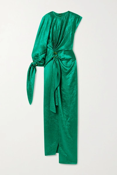 Shop Sies Marjan Catherine One-sleeve Draped Crinkled-satin Gown In Emerald