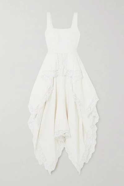 Shop Alexander Mcqueen Asymmetric Crocheted Lace-trimmed Linen Floral-jacquard Dress In Ivory
