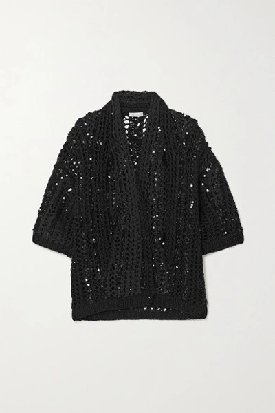 Shop Brunello Cucinelli Opera Sequin-embellished Open-knit Cotton Cardigan In Black