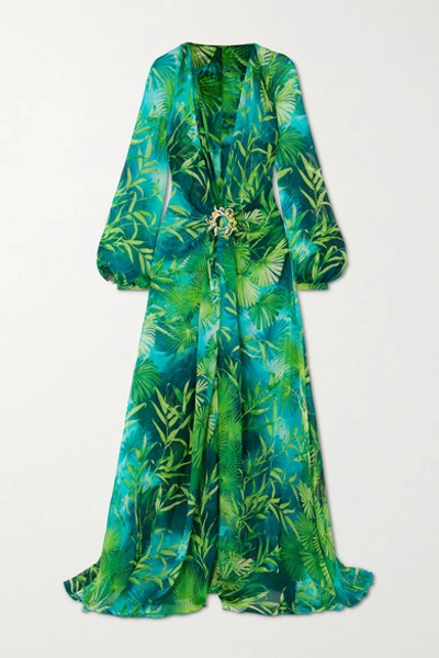 Shop Versace Crystal-embellished Printed Silk-chiffon Gown In Green