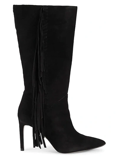 Shop Sam Edelman Fayette Fringed Suede Mid-calf Boots In Black