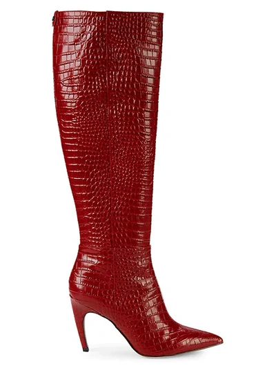 Shop Sam Edelman Fraya Croc-embossed Leather Knee-high Boots In Red