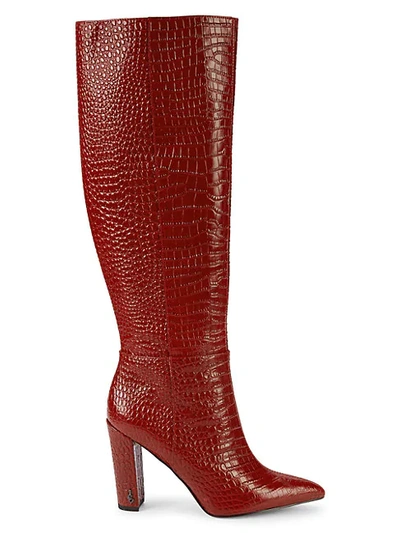 Shop Sam Edelman Raakel Croc-embossed Leather Knee-high Boots In Red