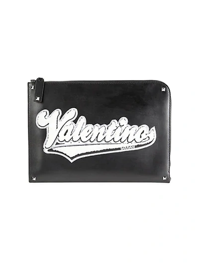 Shop Valentino Fuzzy Logo Patch Leather Document Case In Rosso