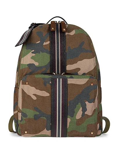 Shop Valentino Striped Leather-trim Camo Backpack In Army Green