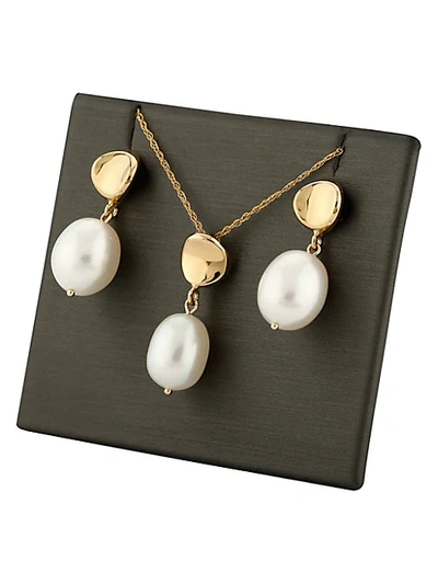 Shop Saks Fifth Avenue 14k Gold & 6mm Oval Freshwater Pearl Necklace & Earrings Set