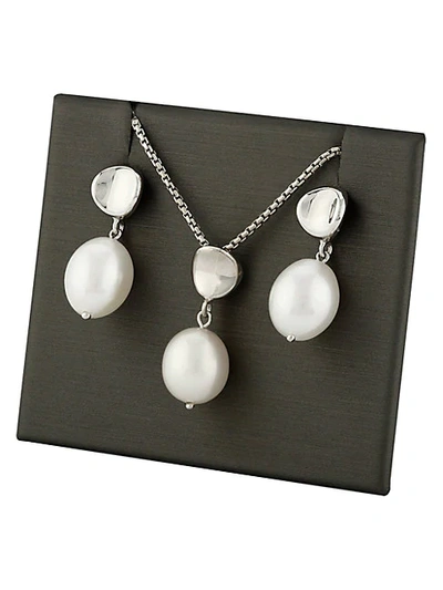 Shop Saks Fifth Avenue Sterling Silver & 8mm Oval Freshwater Pearl Pendant Necklace & Earrings Set