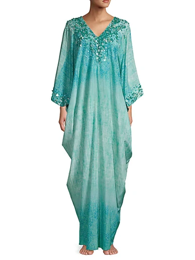 Shop Natori Embellished Silk & Cotton-blend Caftan In Green