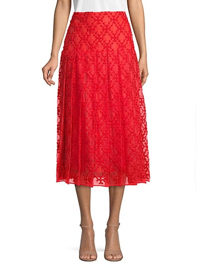Shop Fendi Embroidered Pleated Silk Skirt In Red