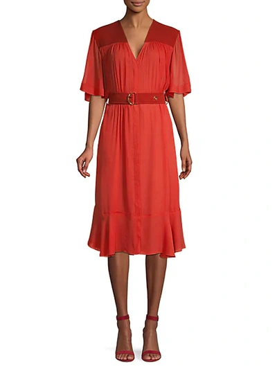 Shop Chloé Belted Flutter-sleeve Dress In Red