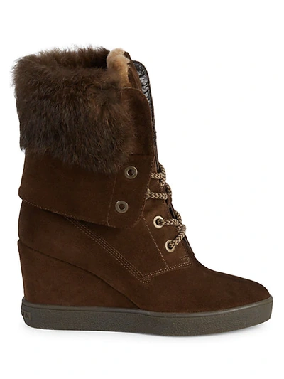 Shop Aquatalia Rabbit Fur Trimmed Shearling Lined Wedge Boots In Herb