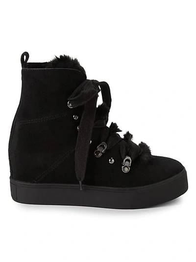 Shop J/slides Whitney Faux Fur & Suede Hidden Wedge-heel Booties In Black