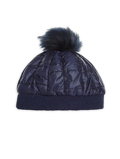 Shop Bari Lynn Kid's Fox Fur-tip Pom-pom Puffy Hat In Navy