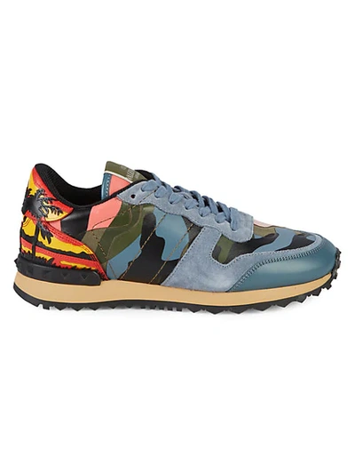 Shop Valentino Camo Print Leather Sneakers In Army Green Multi