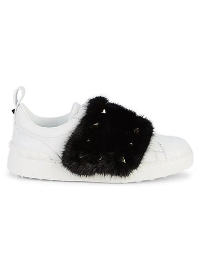 Shop Valentino Women's Leather & Mink Fur-trimmed Sneakers In Black White