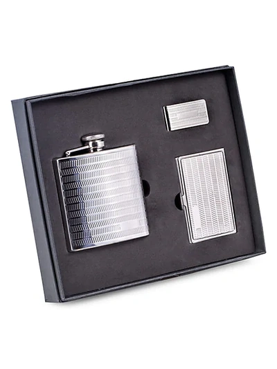 Shop Bey-berk 3-piece Stainless Steel Flask, Card Case & Money Clip Set In Silver