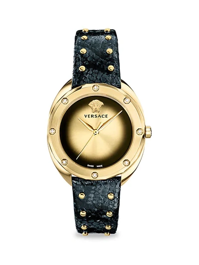 Shop Versace Goldtone Stainless Steel, Diamond & Leather-strap Watch