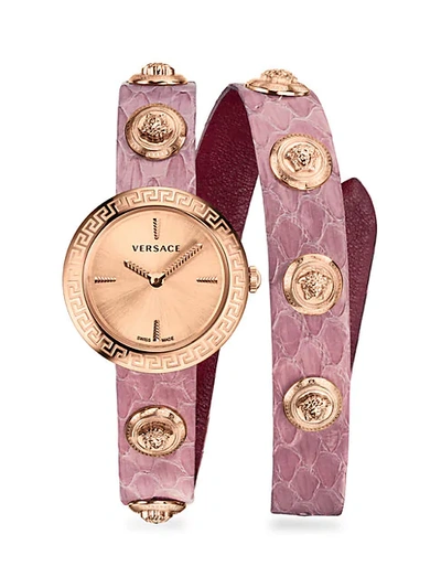 Shop Versace Medusa Stud Icon Analog Rose Goldtone Stainless Steel & Leather Wrap Watch