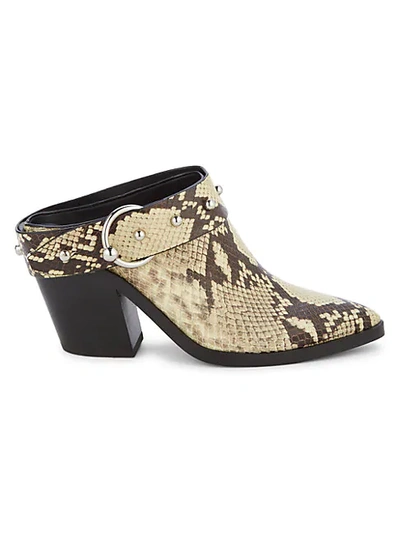 Shop Rebecca Minkoff Sallest Too Snakeskin-embossed Leather Mules In Butter